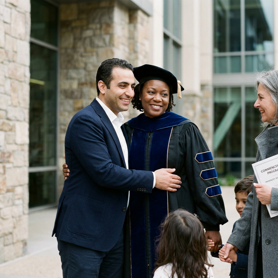 Woman in graduation cap and gown hugging a man in a suit outside a university building.