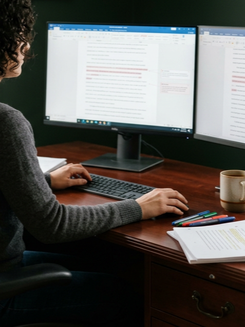 Person working at a desk with dual monitors, a keyboard, and papers, in an office setting.