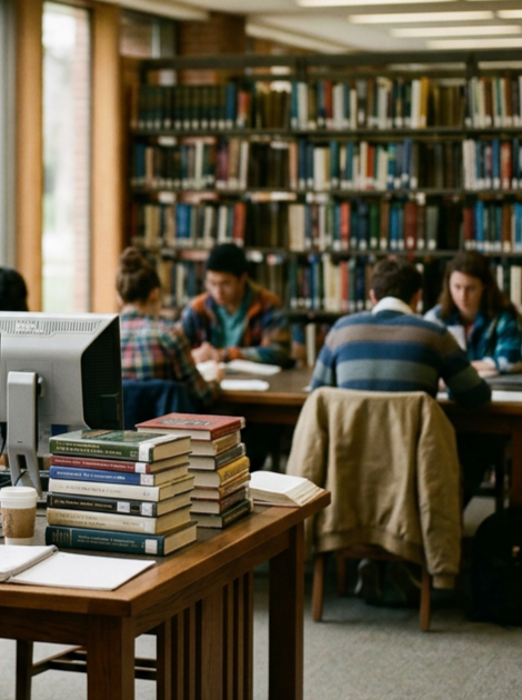 Students studying and working at a table in a library with bookshelves in the background.