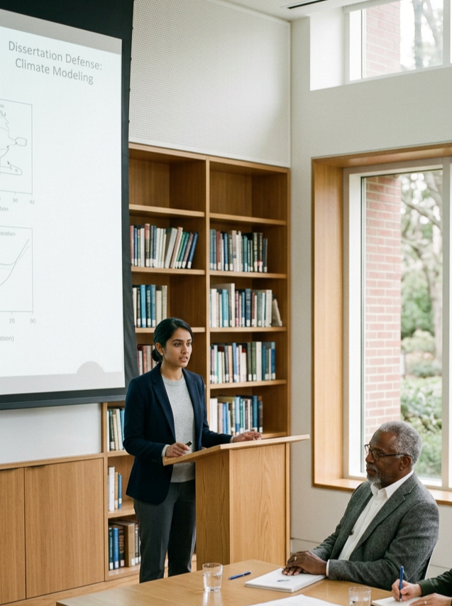 Woman presenting her dissertation defense in a meeting room with a projection screen.