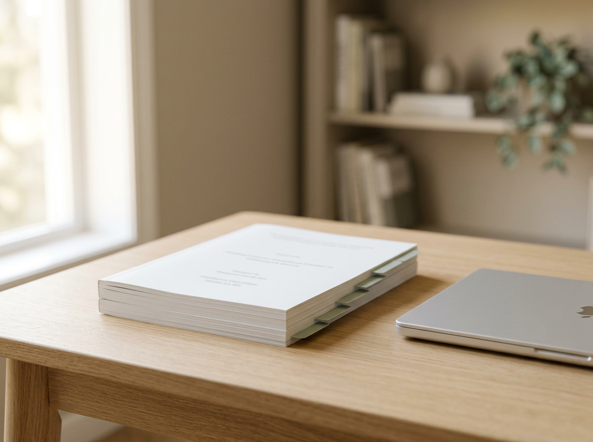 Stack of papers or documents and a closed laptop on a wooden desk near a window with blinds, in a home or office setting.