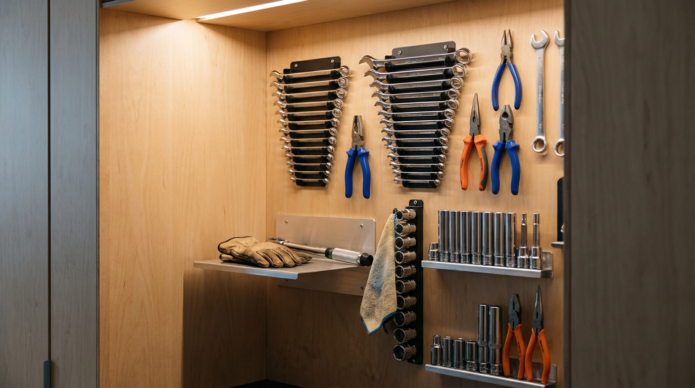 Organized carpentry or mechanic tool corner with wrenches, pliers, socket sets, and gloves on wooden shelves and wall hooks.