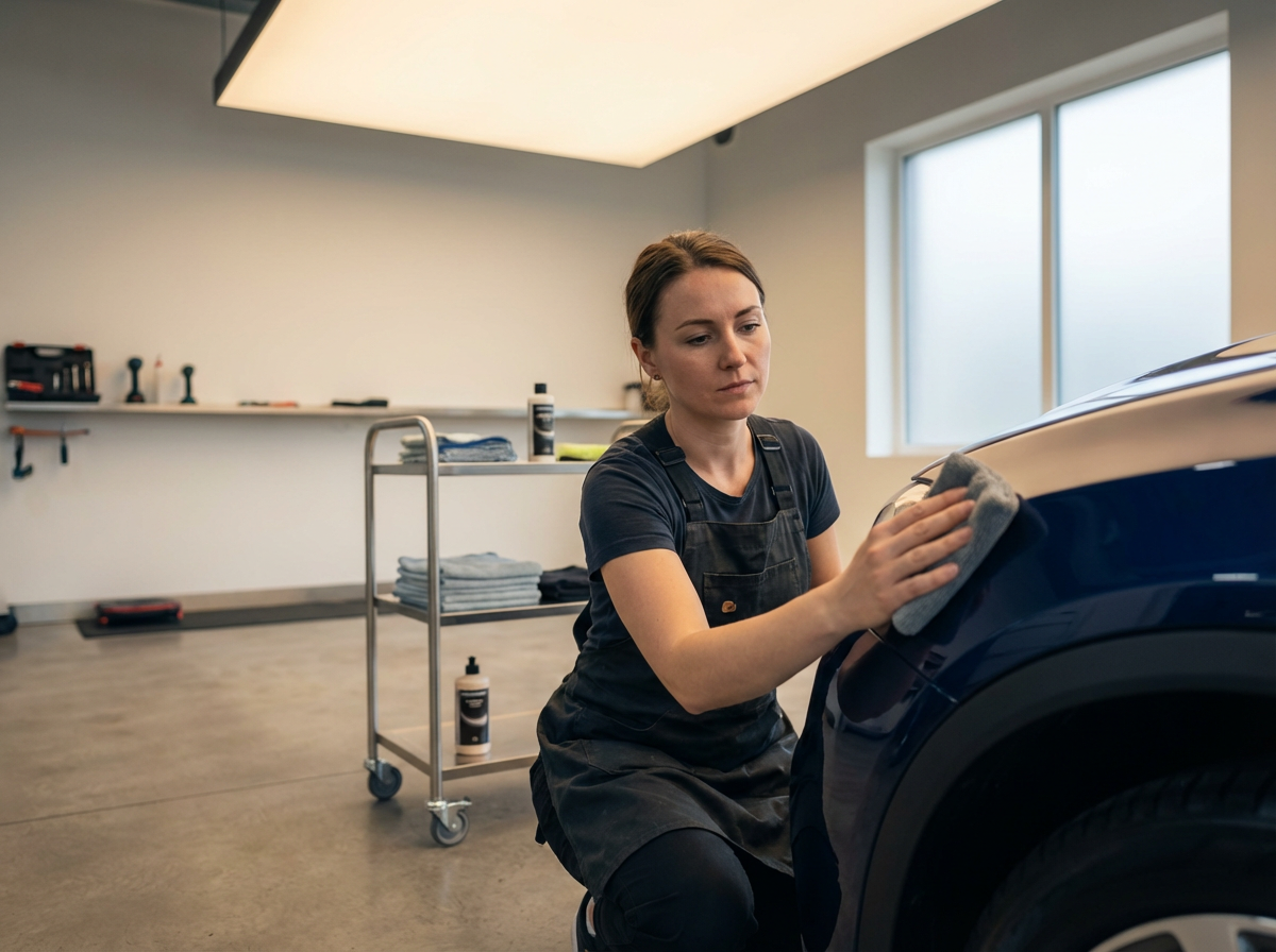 A woman with a black apron cleaning the front of a dark blue car with a gray cloth inside a well-lit garage.