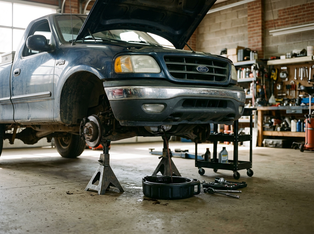 A blue Ford F-150 pickup truck raised on jack stands inside a garage with its front wheel removed for repair, with tools and fluids nearby.