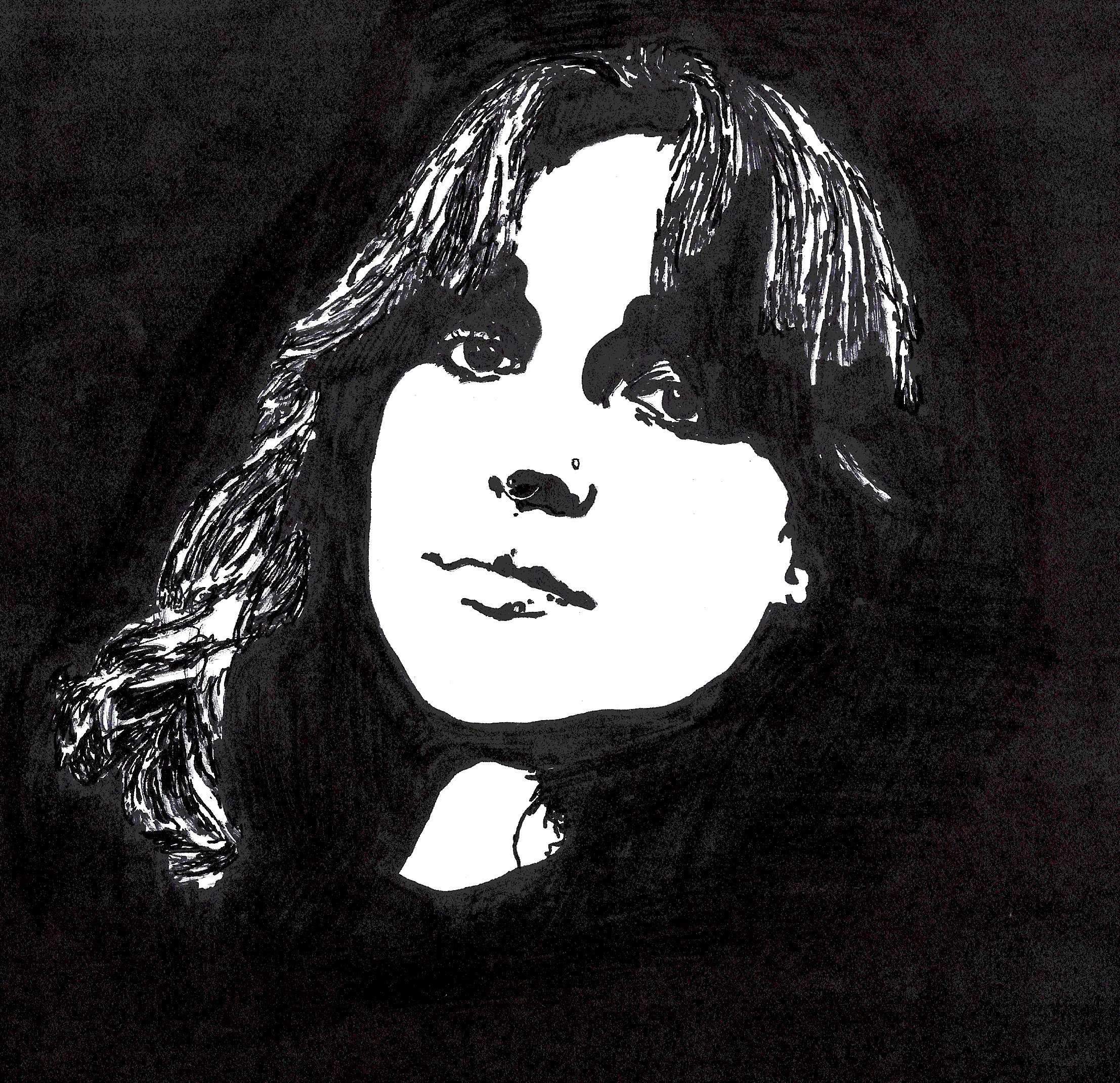 A black and white sketch of a woman's face with full lips and long hair, with stars that move in and out of frame.