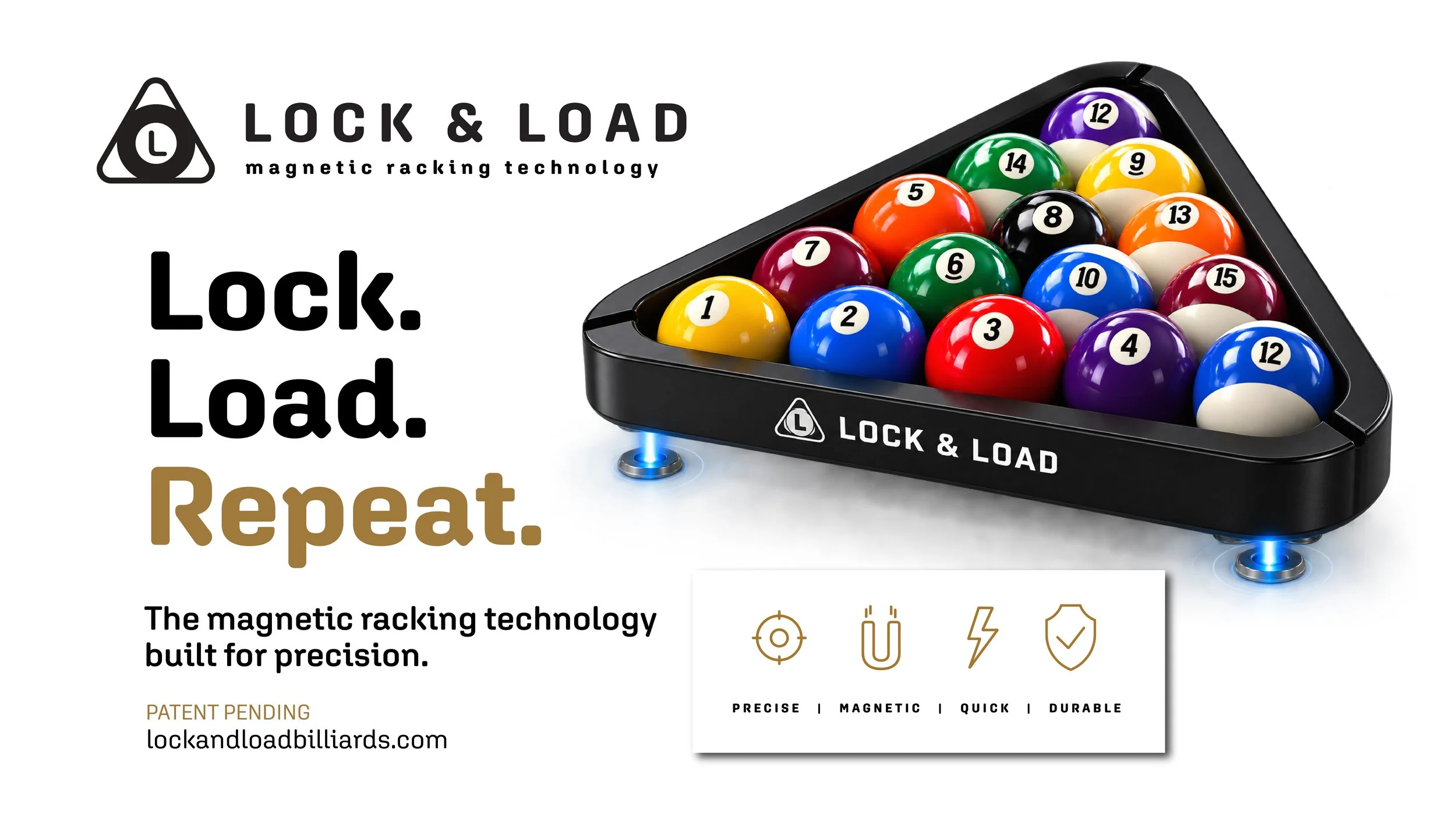 An advertisement for Lock & Load magnetic billiard rack technology featuring a set of pool balls in a black rack with the tagline 'Lock. Load. Repeat.'