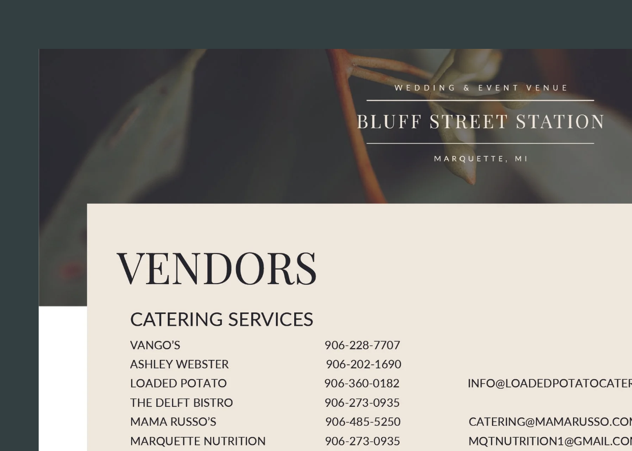 Event poster for Bluff Street Station wedding and event venue in Marquette, MI, featuring a list of catering vendors and contact information.