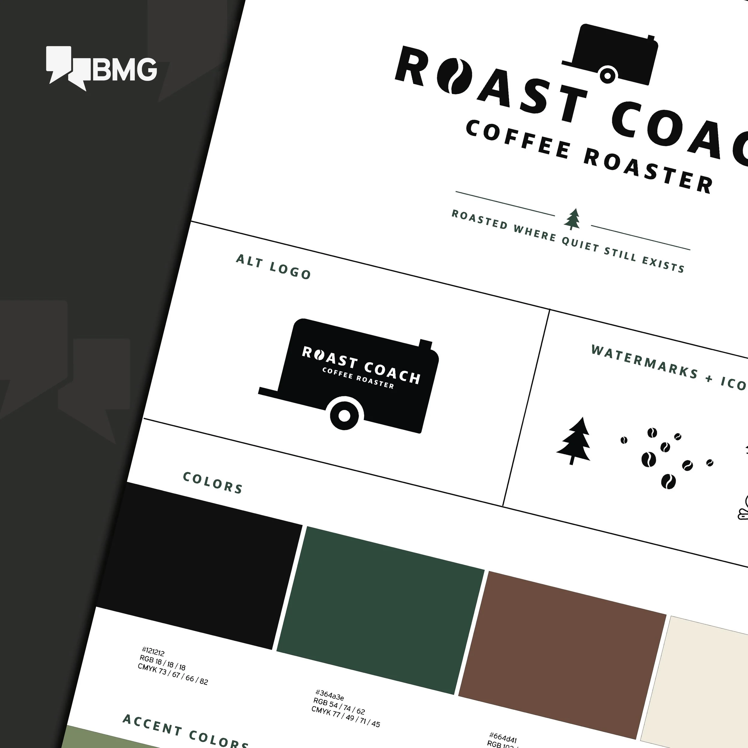 Sample color palette with various shades of black, green, brown, and beige, each labeled with color codes in RGB, CMYK, and hex formats.