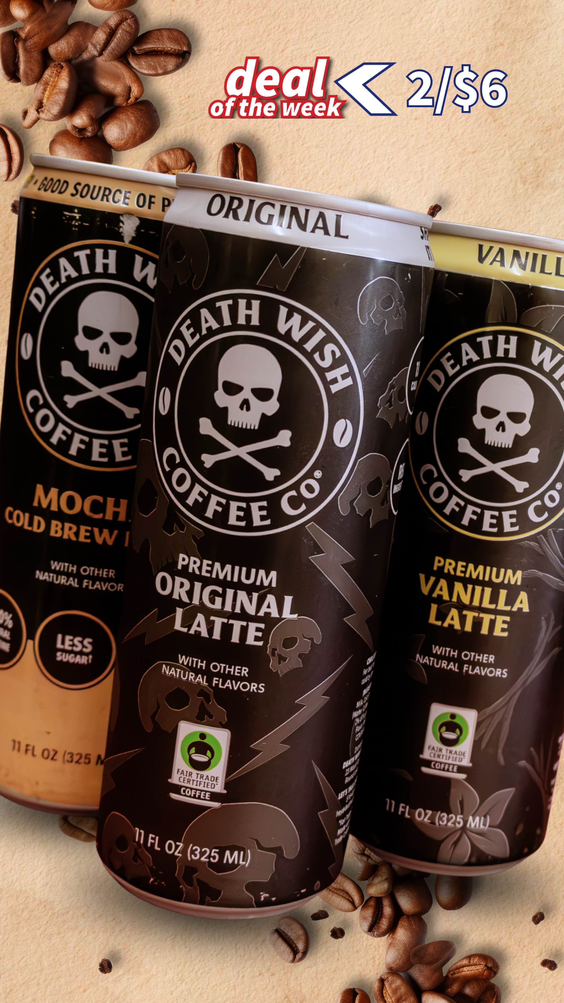 Three cans of Death Wish coffee flavors surrounded by coffee beans on a beige background.