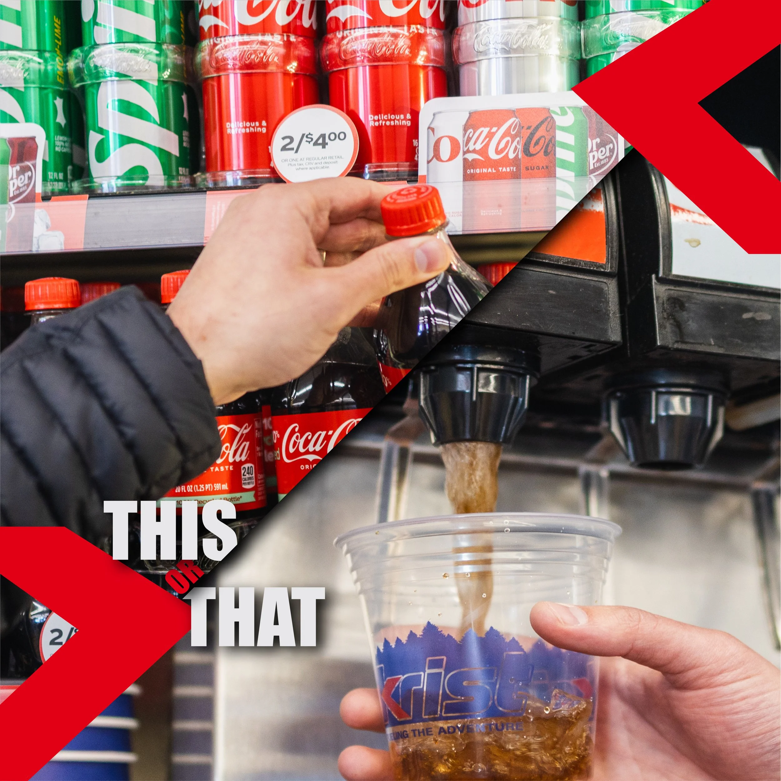 A person holds a plastic cup filled with a beverage, likely iced coffee or tea, in front of a vending machine. The vending machine contains canned sodas, including Coca-Cola and Sprite, arranged on shelves.
