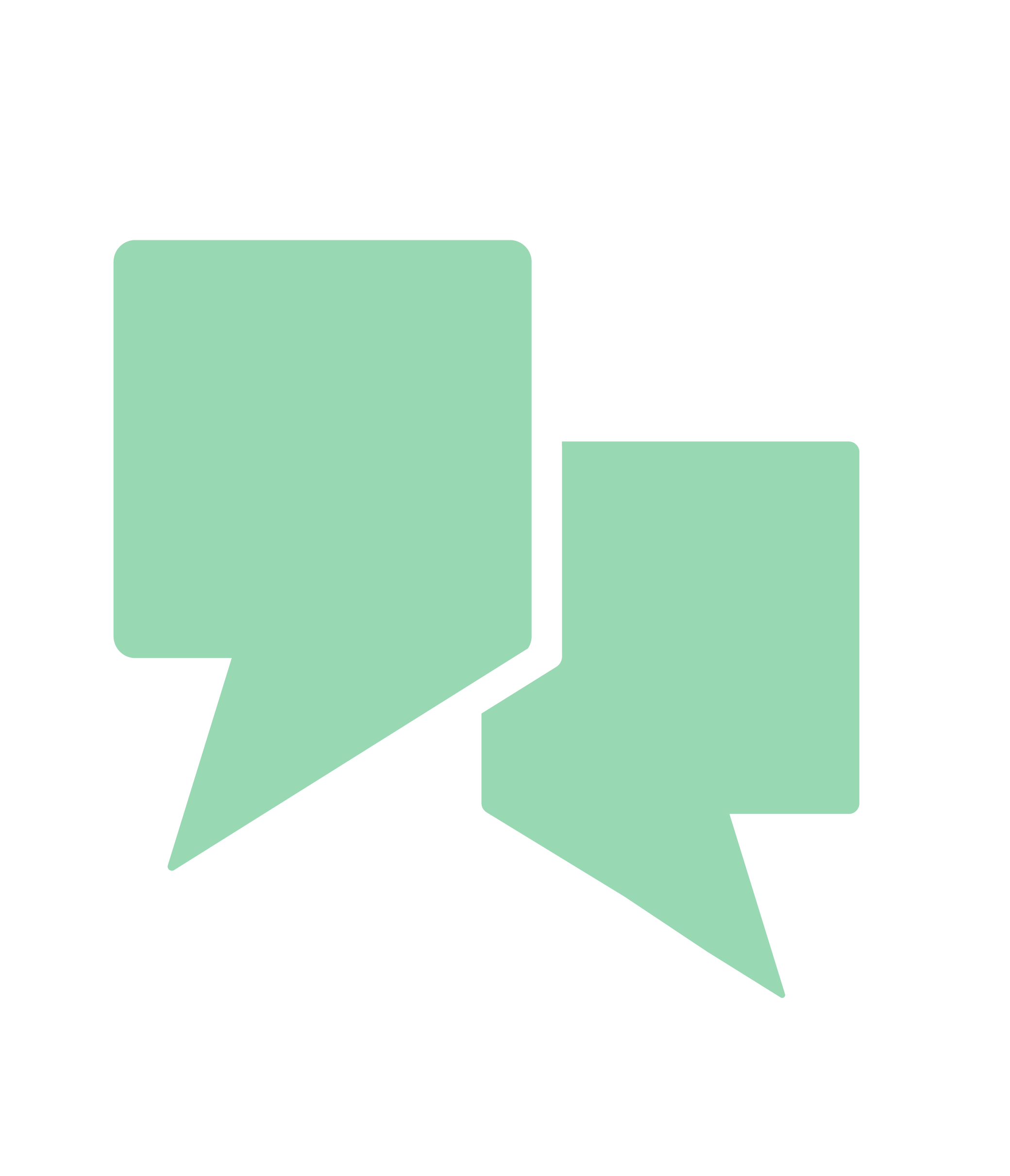 Two stylized speech bubbles in light green, overlapping on a transparent background.