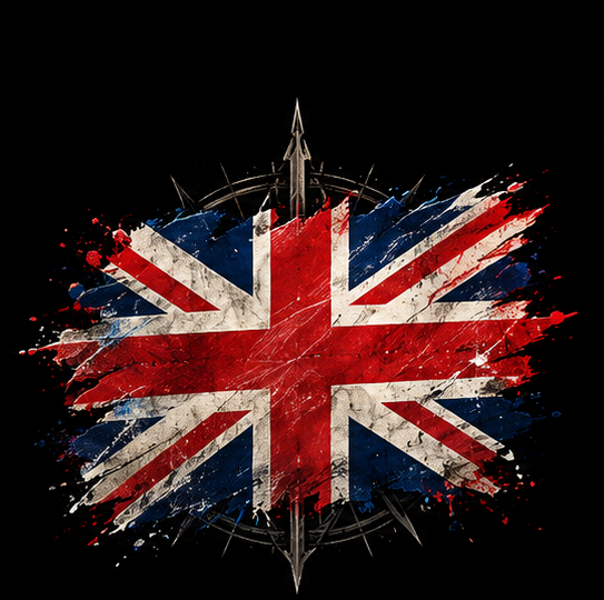 A graphic of the Union Jack flag with a grunge, splattered paint effect on a black background.