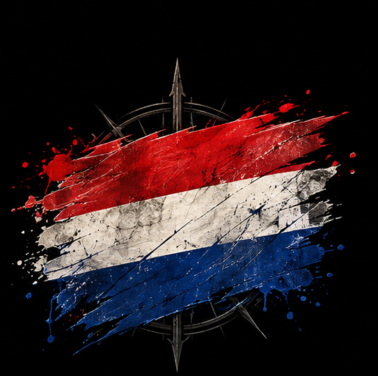 An artistic depiction of the Dutch flag with red, white, and blue paint splashes over a compass design on a black background.