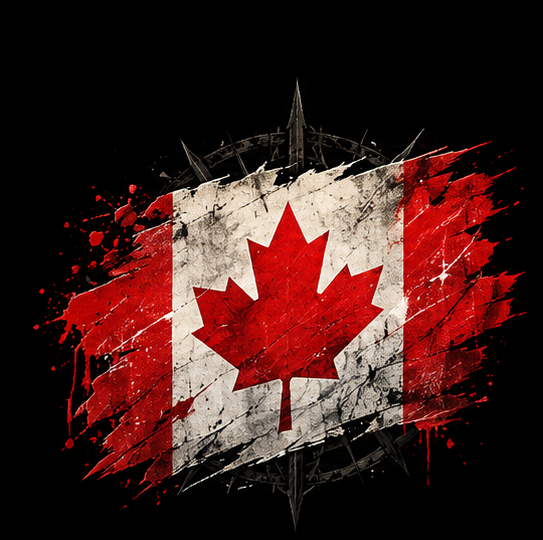 A stylized Canadian flag with red and white colors and a maple leaf in the center, appearing as if painted with splatters and rough brush strokes on a dark background.