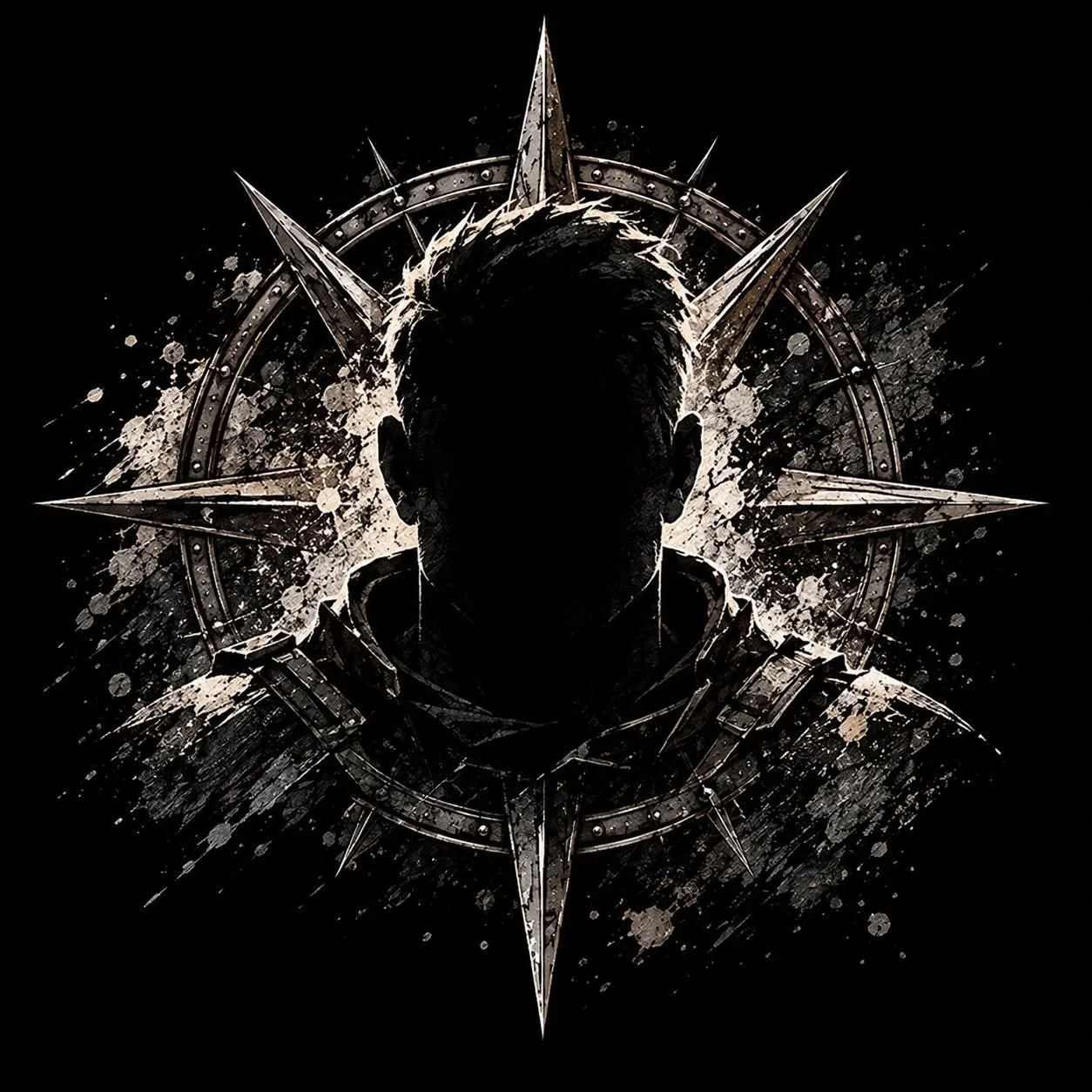 Silhouetted person with spiked halo and armor, surrounded by a circular, clock-like design with splatters, in a dark and monochromatic style.