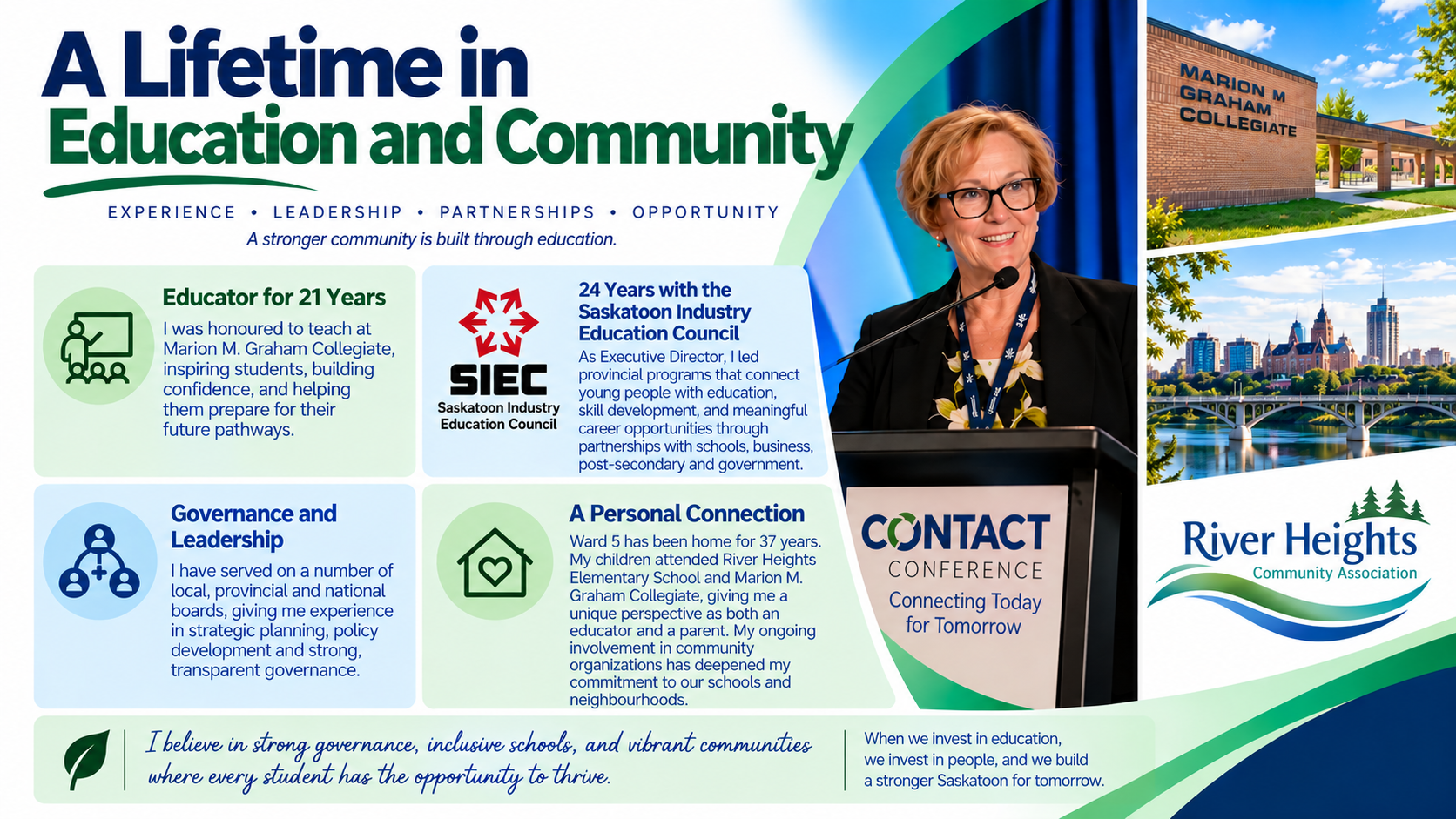 A promotional infographic highlighting a community leader's education career, connections with Saskatoon Industry Education Council, community involvement, and scenic images of Marion M Graham Collegiate, downtown Saskatoon, and River Heights community.