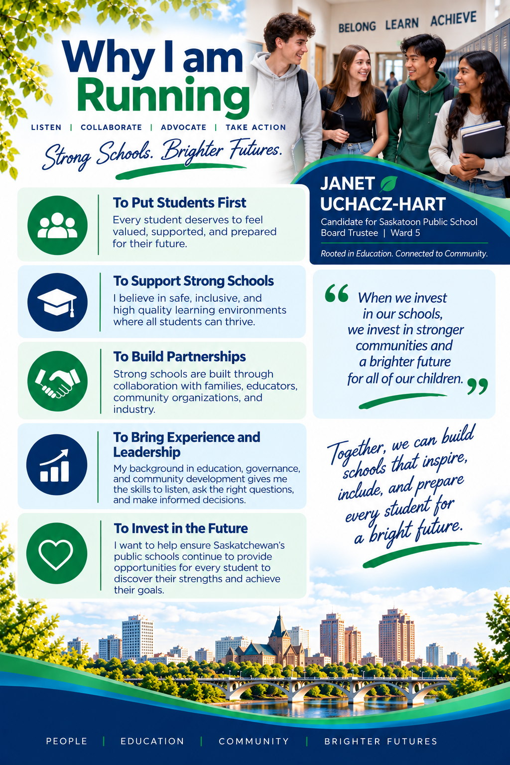 A poster showing a group of diverse students in a school hallway and the text supporting education initiatives. The poster emphasizes prioritizing students, supporting schools, building partnerships, leadership, and future investment, with quotes about investing in schools and communities. The background features a city skyline and trees, with the words 'Strong Schools. Brighter Futures.' and pledge points advocating for education and community growth.