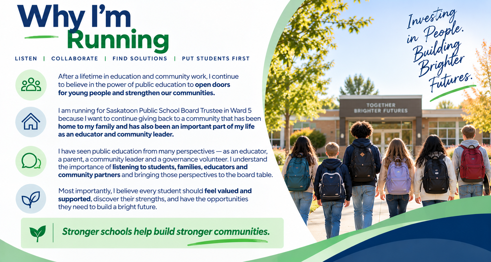 A community advocacy flyer featuring a group of students walking towards a school entrance with trees and a sunny sky in the background. The flyer emphasizes the importance of public education and community support.