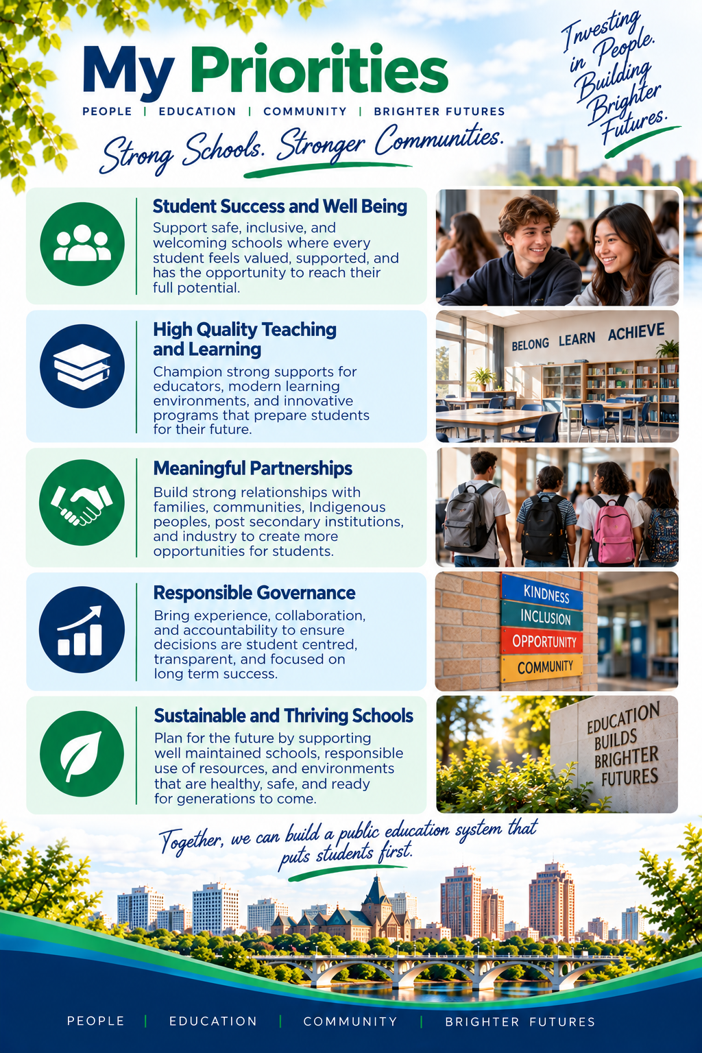 Poster titled 'My Priorities' outlining key educational goals: Student Success and Well Being, High-Quality Teaching and Learning, Meaningful Partnerships, Responsible Governance, and Sustainable and Thriving Schools. Includes images of students, a classroom, a group of students, colorful signpost, and a city skyline with a bridge and trees.