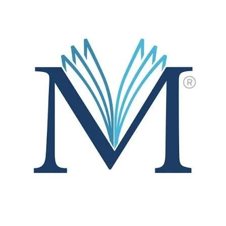 Logo with a large letter 'M' and an open book illustration in the center.