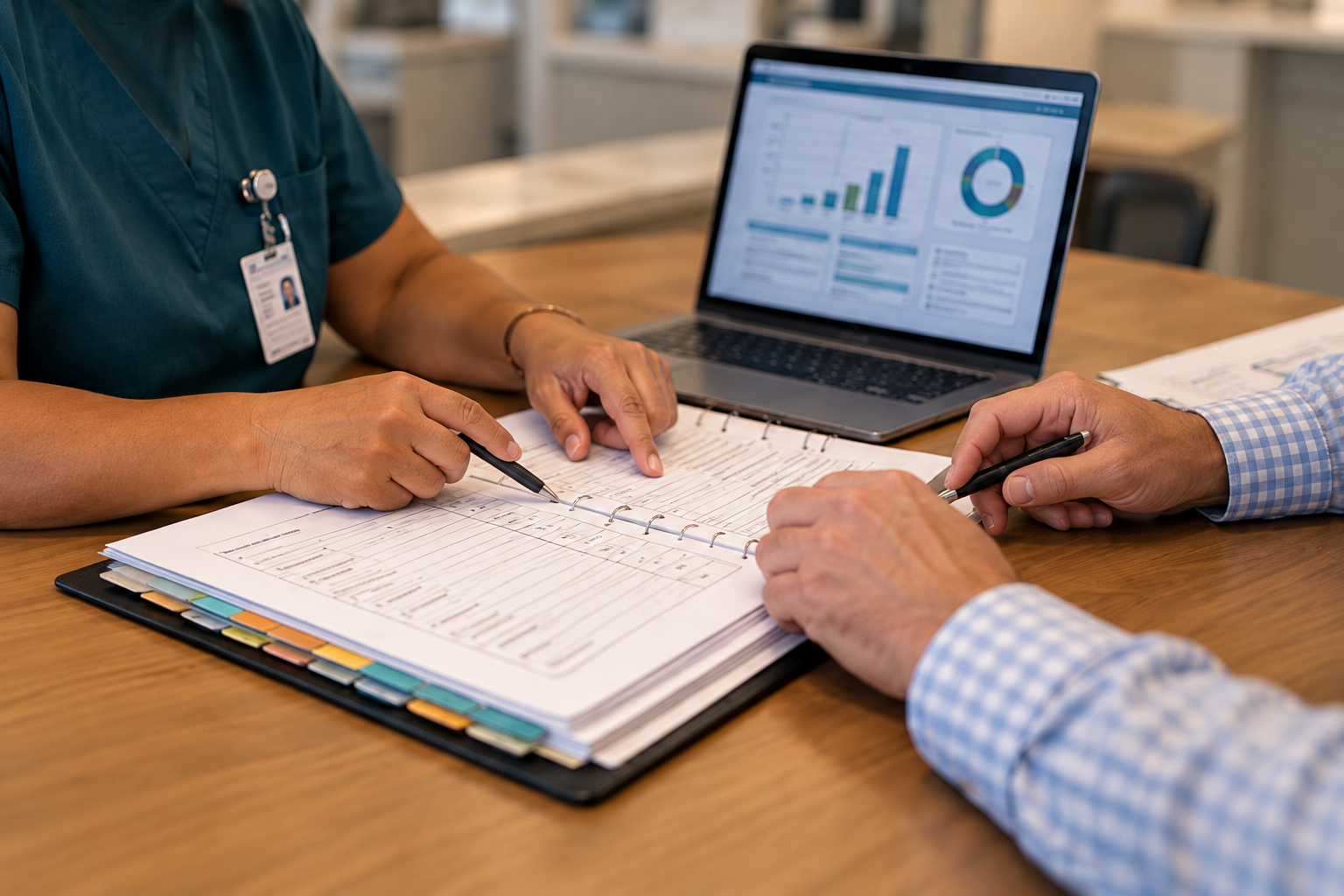 Healthcare professionals reviewing practical documentation and a learning dashboard.
