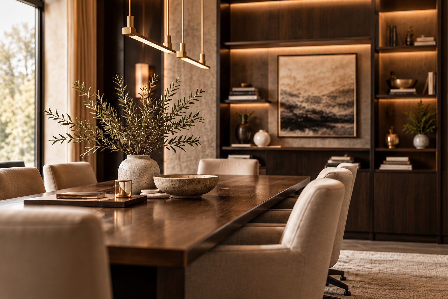 Warm boardroom with a wood conference table, cream chairs, and gold lighting