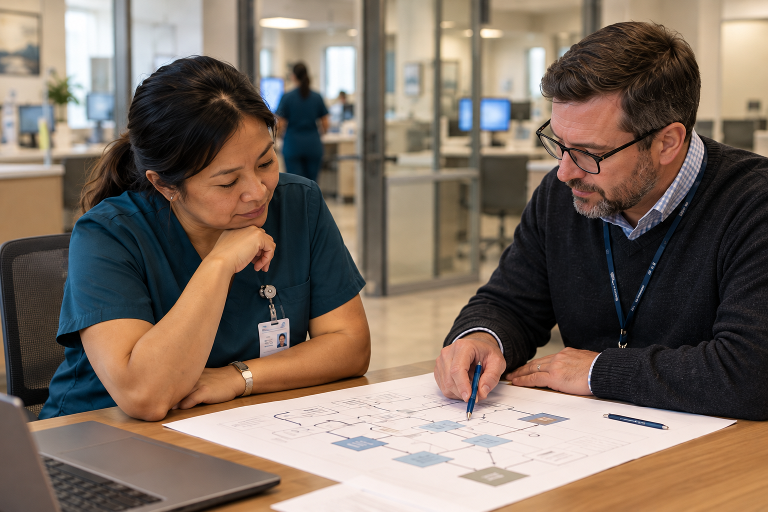 Clinical and operations professionals reviewing causes and corrective actions in a healthcare office.
