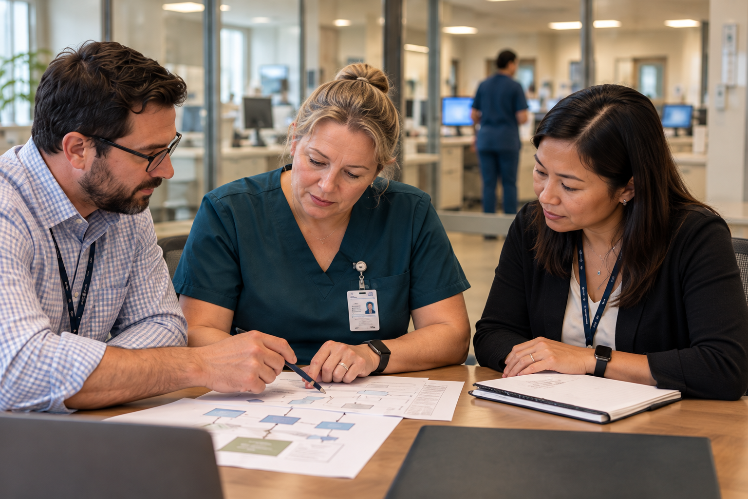 Healthcare leaders collaborating on a care-process workflow.