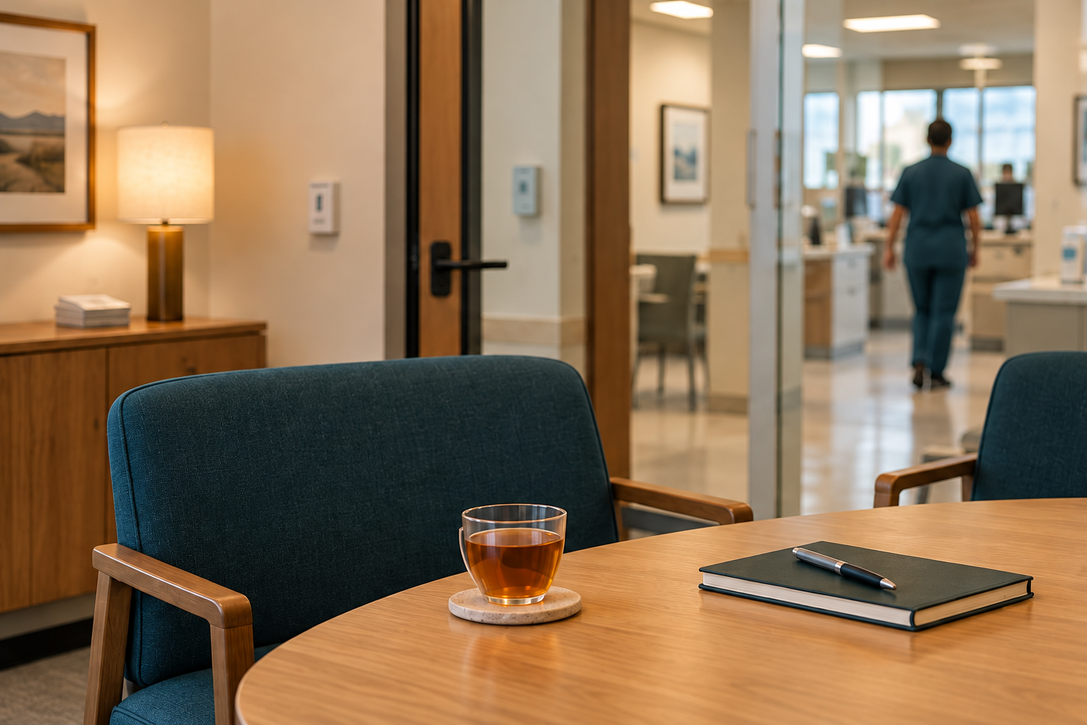 Welcoming healthcare consultation office with teal chairs, a notebook, and tea.