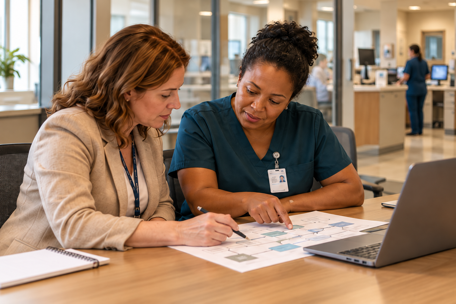 Healthcare operations professionals reviewing a care workflow together.