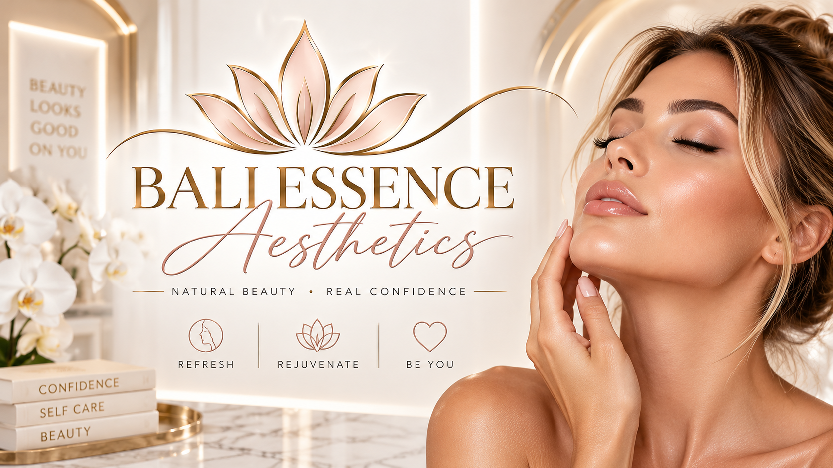 A woman with flawless skin and closed eyes touching her face, in front of a sign for Ballessence Aesthetics, which features a floral logo and text promoting natural beauty, confidence, and self-care.