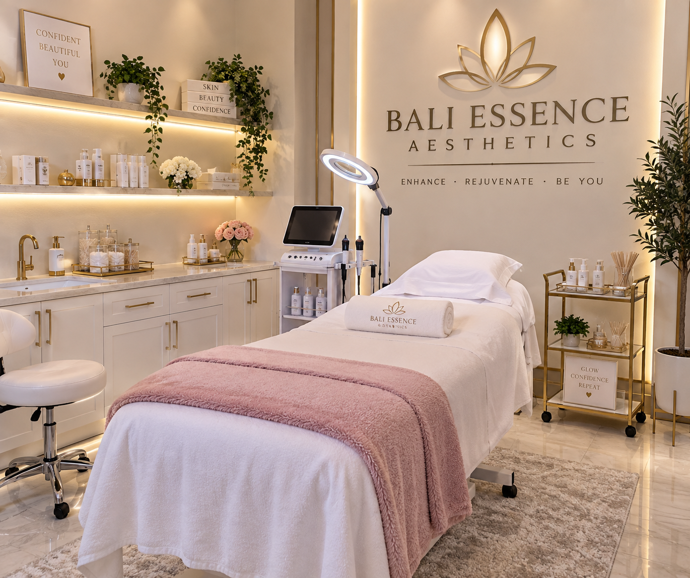 A treatment room at Bali Essence Aesthetics with a massage bed, pink towel, and a rolled towel with the Bali Essence logo, surrounded by skincare products, plants, and décor with soft lighting.