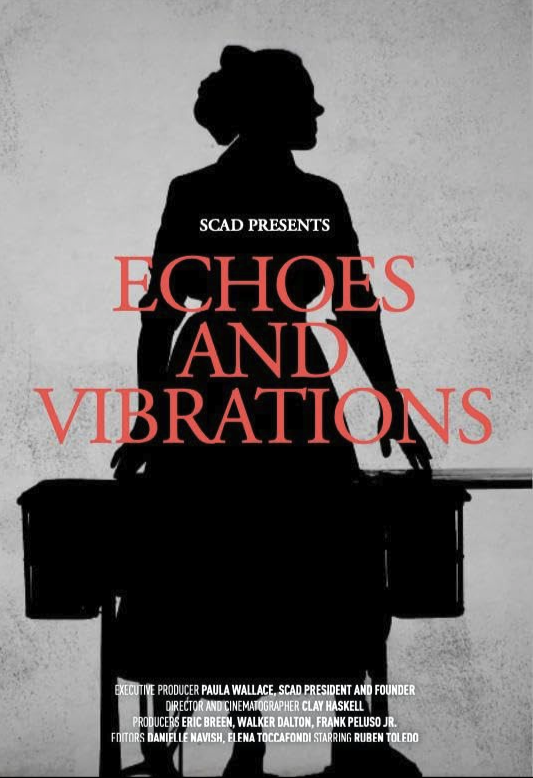 Silhouette of a woman standing behind a table with two suitcases, with text overlay reading 'ECHOES AND VIBRATIONS' and credits for a production by SCAD.
