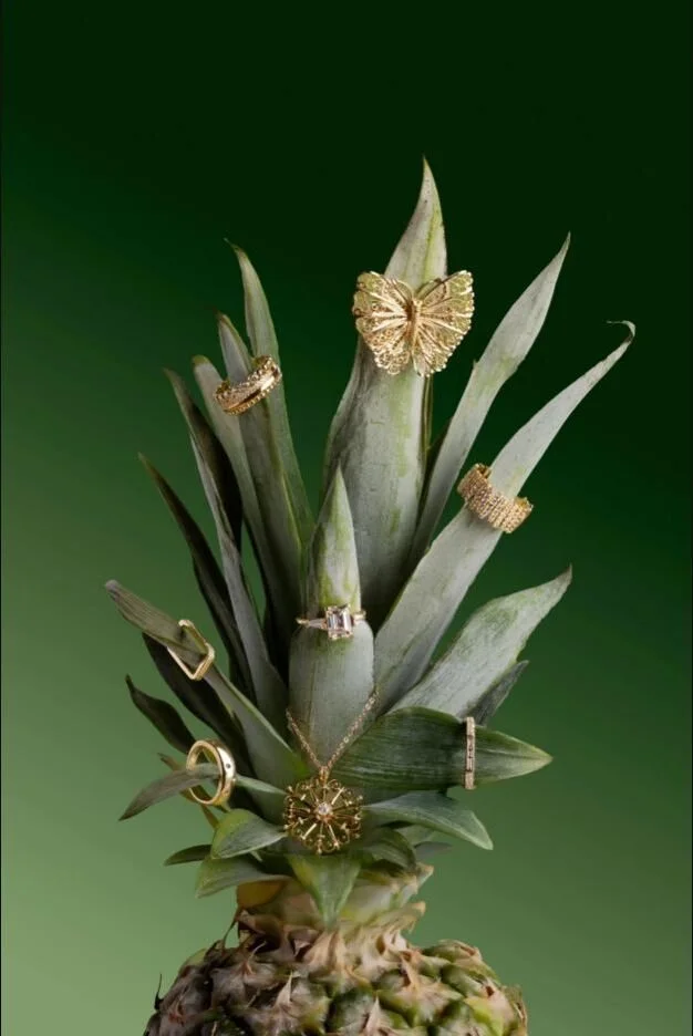 Luxury Jewelry — Assorted gold and gemstone jewelry styled with pineapple for a graphic jewel-toned campaign.