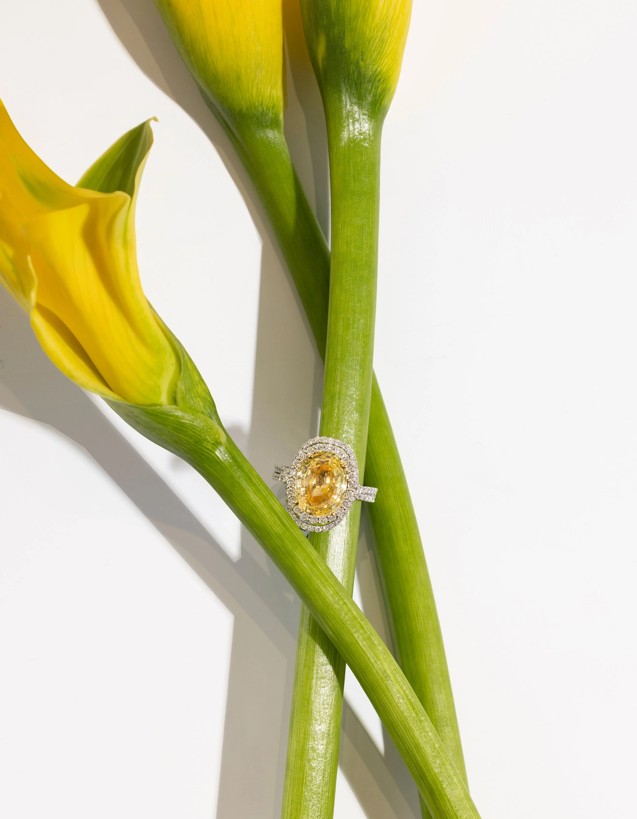 Yellow diamond ring styled with calla lilies, luxury jewelry photography by Fraiche Photography in Asheville.