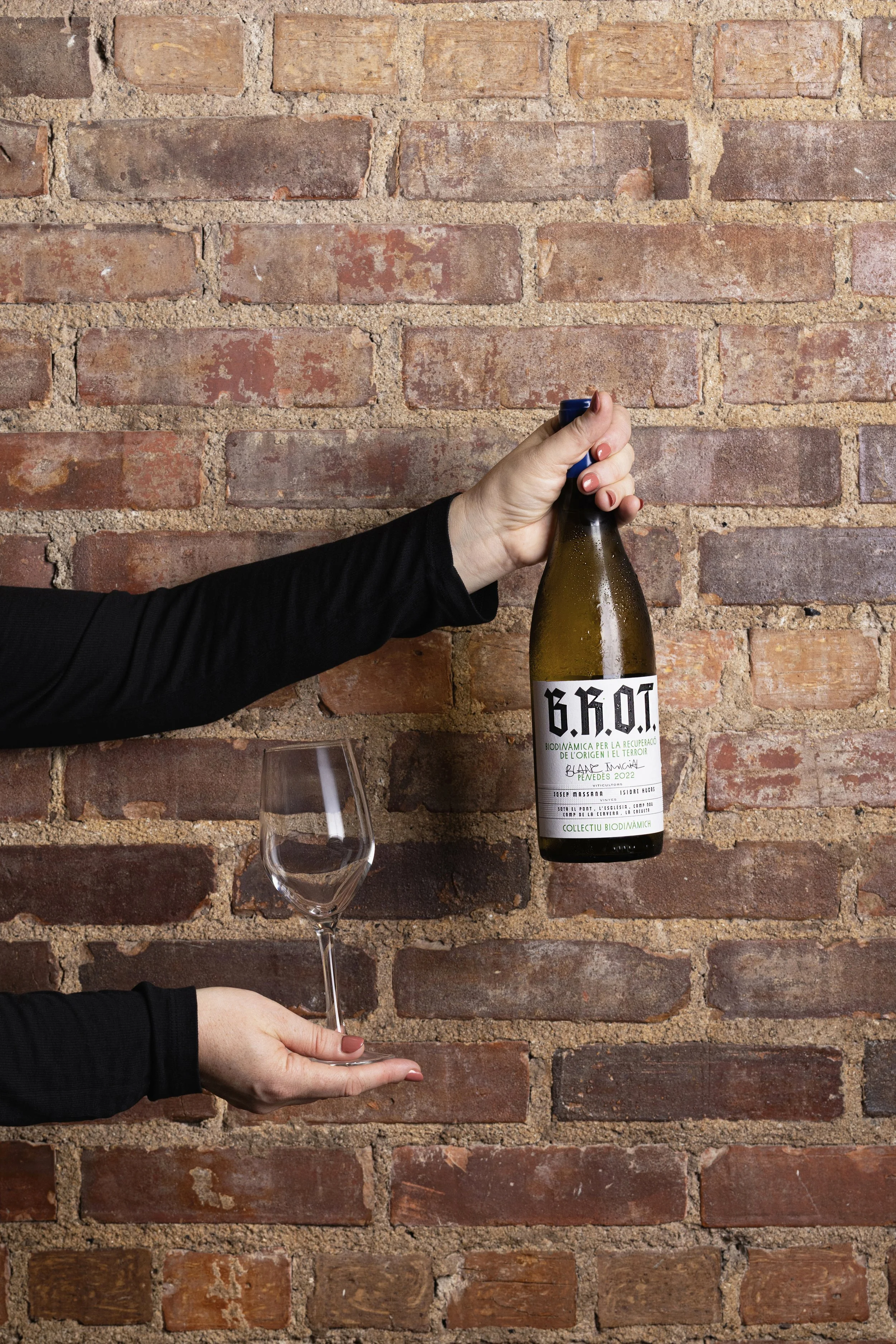Hospitality — B.R.O.T. biodynamic wine bottle and glass presented against exposed brick for a restaurant wine-service story.