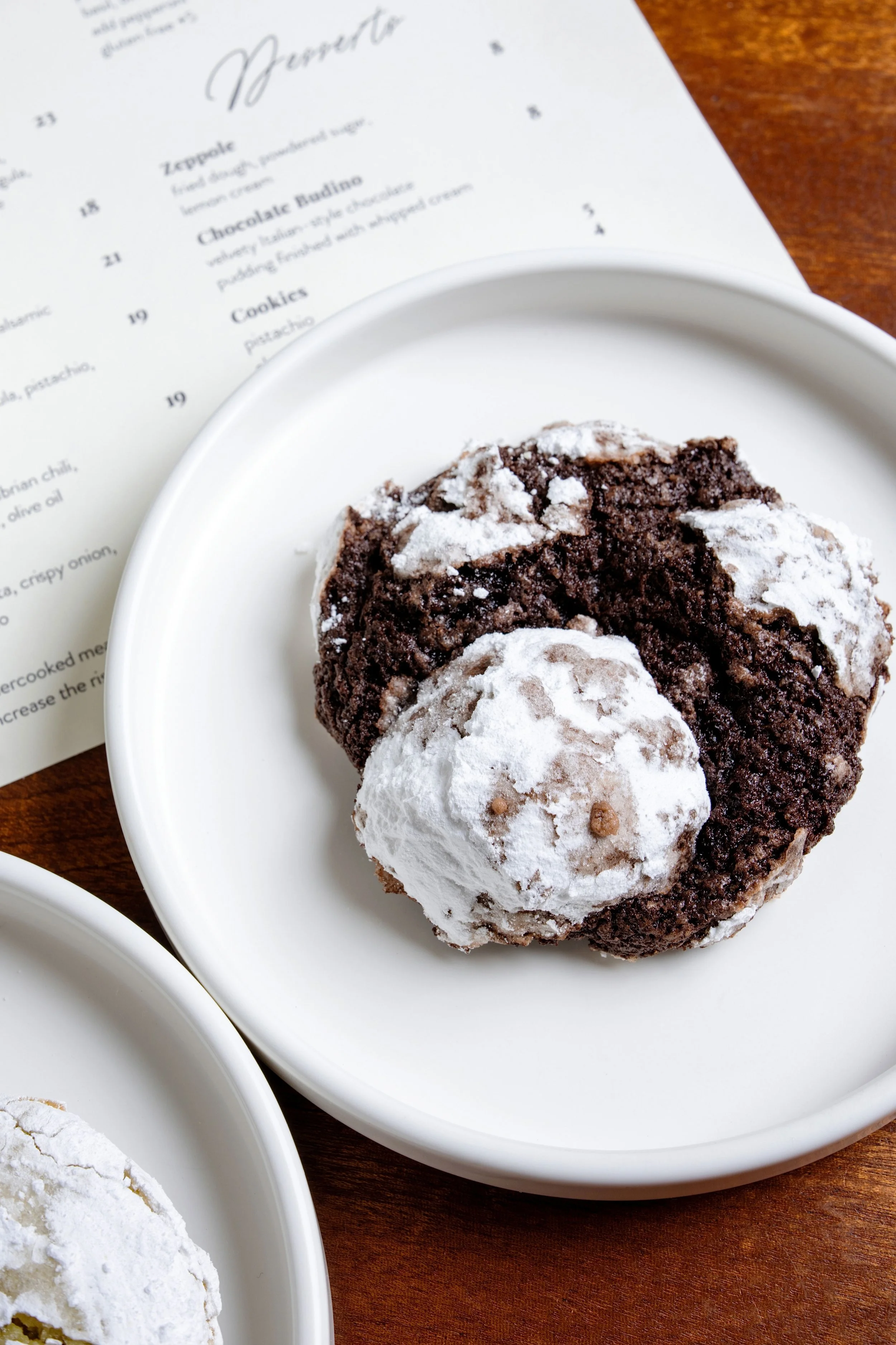 Chocolate budino dessert plated for an Italian restaurant menu feature, photographed by Fraiche Photography for Edible Asheville.