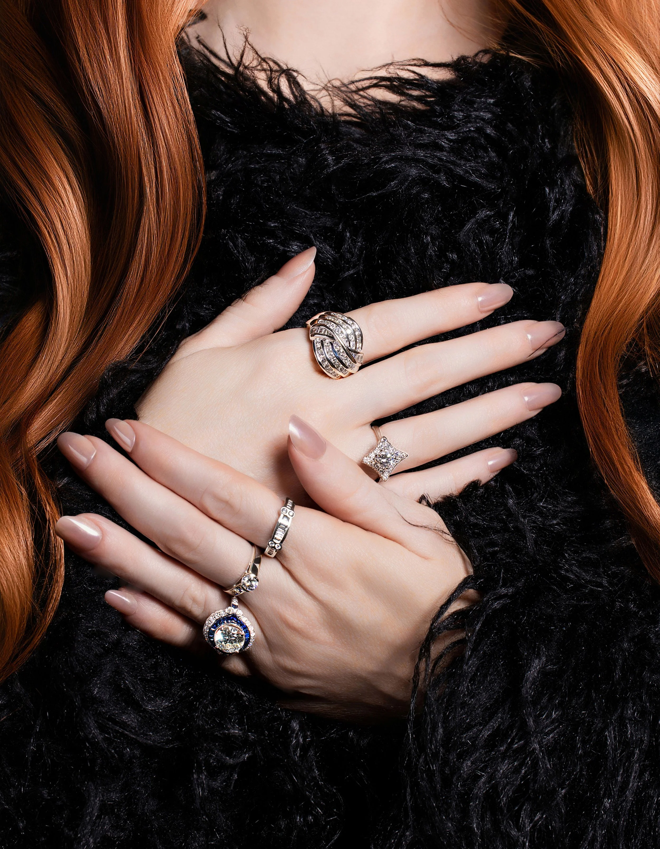 Luxury rings styled with a black fur coat, photographed by Fraiche Photography in Asheville, North Carolina