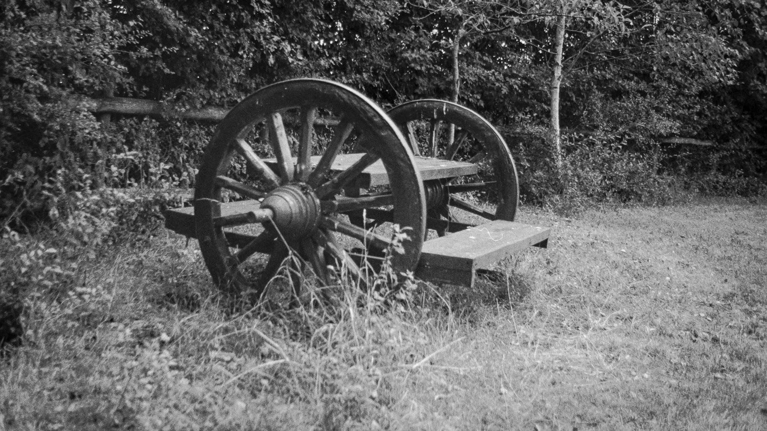 Old wooden wagon with large metal wheels abandoned in a grassy area near a wooded background.