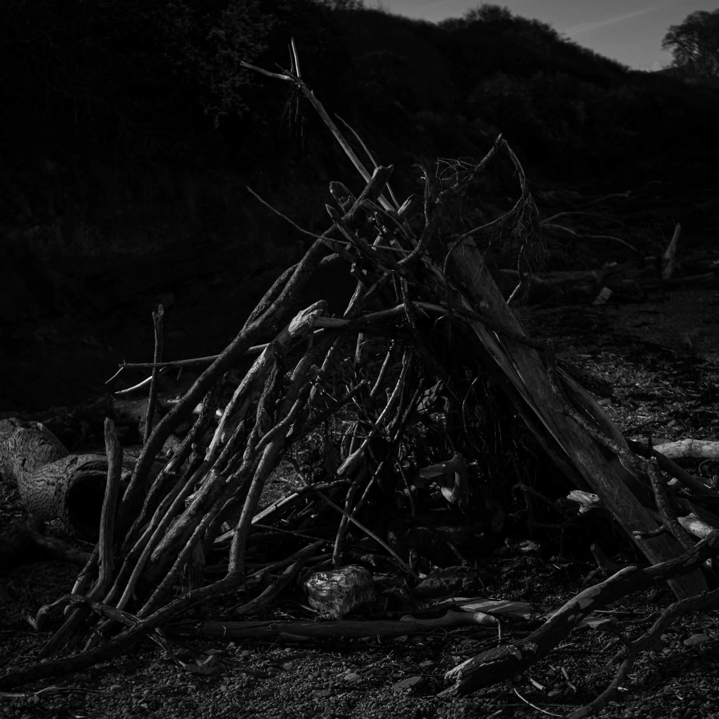 A pile of driftwood and branches on rocky ground with a dark, hilly landscape in the background under a cloudy sky.