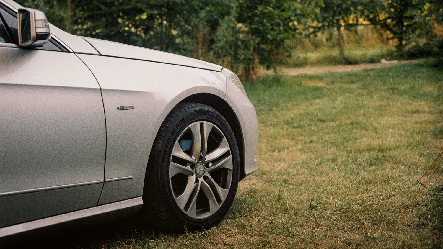 Close-up of the front portion of a silver Mercedes-Benz car parked on grass with trees in the background.
