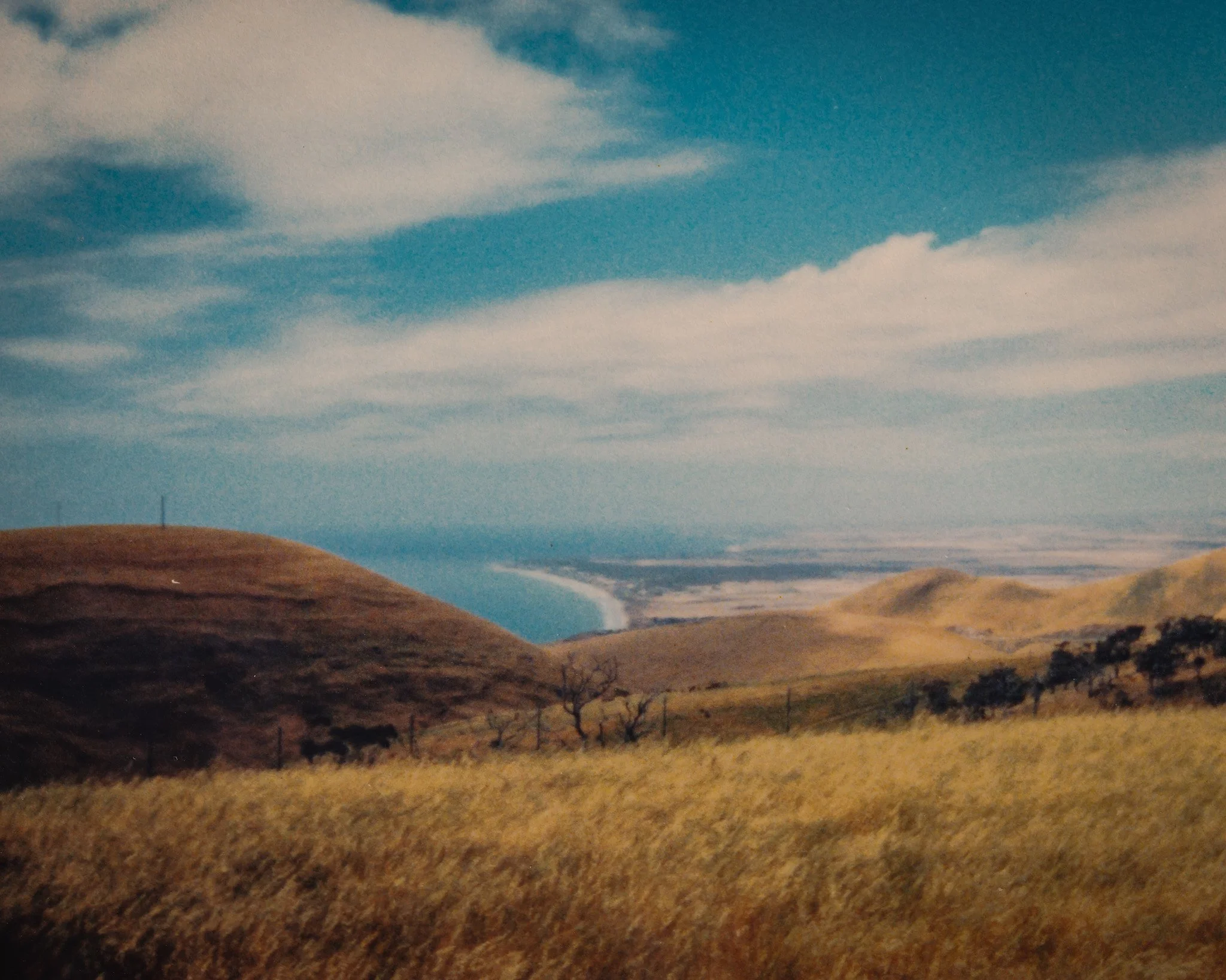 Hilly landscape with dry grass and sparse leafless trees in the foreground, a body of water in the middle distance, and a partly cloudy sky overhead.