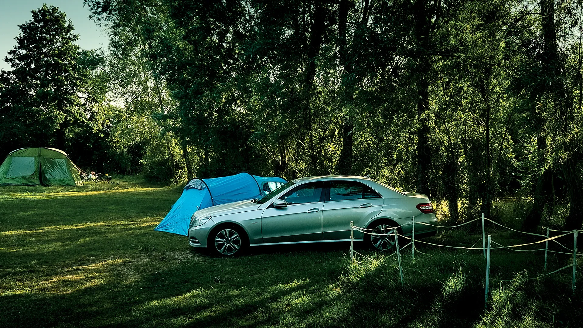 A silver car parked on a grassy area at a campsite with two tents in the background, surrounded by tall green trees.