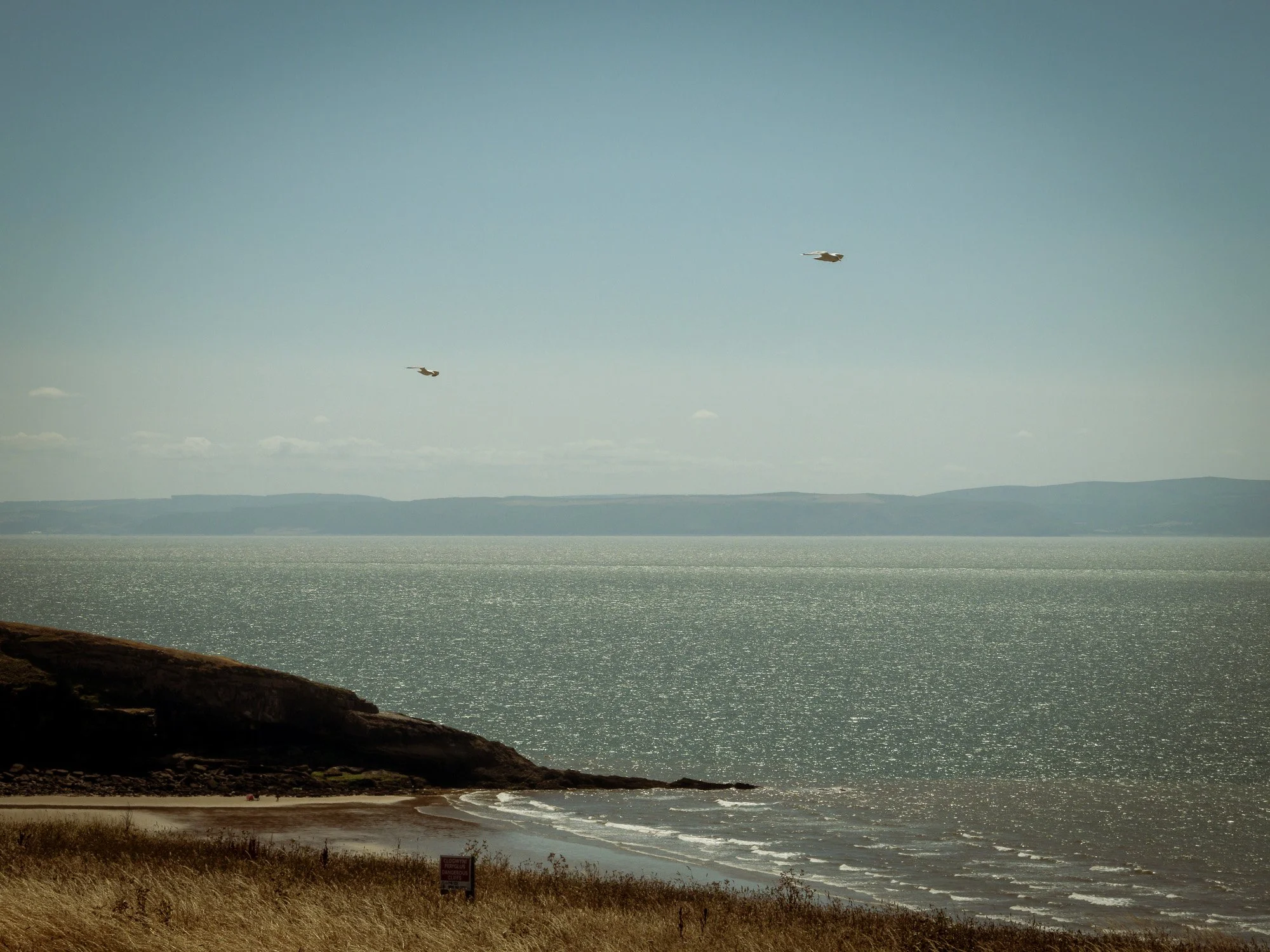 A coastal scene with a body of water, cliffs, and a sky with a few clouds, featuring two birds flying over the water.