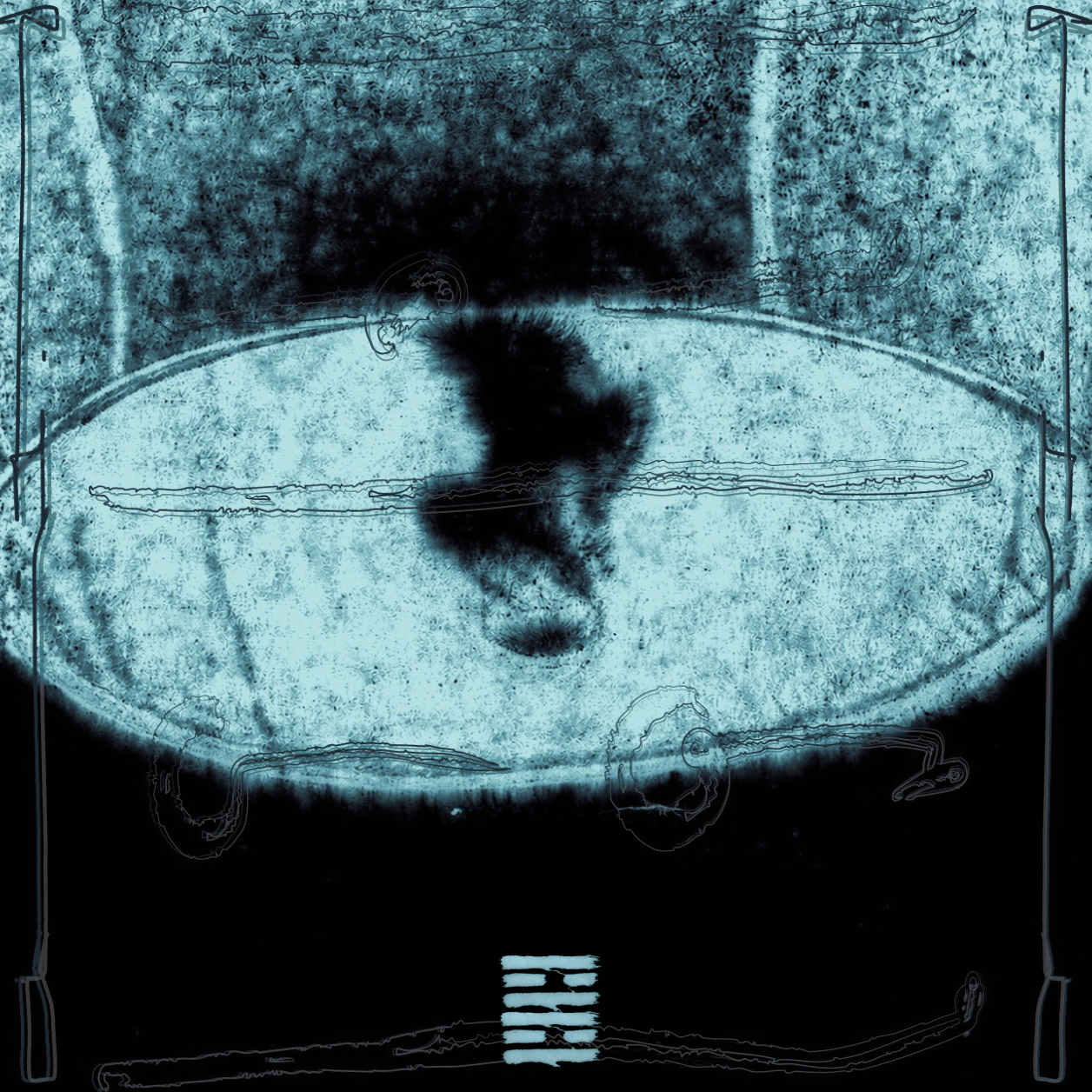 Stylized, high-contrast, blue-tinted image of an eye lying down, facing forward, with an outlined leash in front and a textured background. This is the single art cover of "MANTRA" by P.H.0