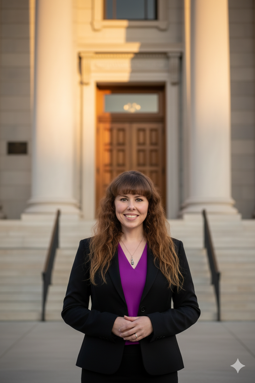 A woman with long wavy brown hair, smiling, wearing a black blazer and purple top, standing in front of a large historic building with white columns and stairs.