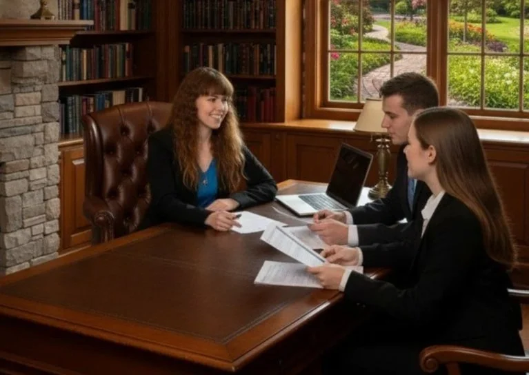 Three young adults in business attire sitting at a wooden conference table in a room with bookshelves and a window showing a garden outside. They are engaged in a discussion, with papers and a laptop on the table.