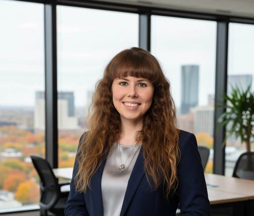 A woman with long, curly brown hair smiling in a modern office with large windows and a city view in the background.