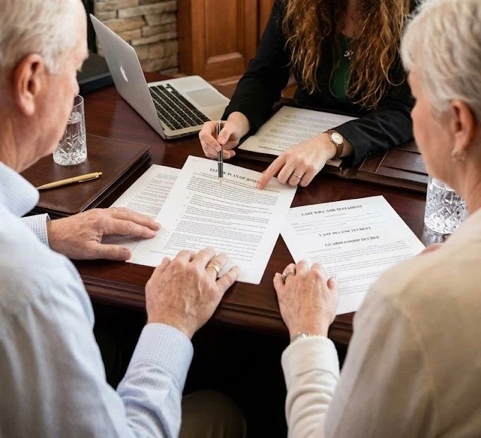 Two elderly men and a woman sitting at a wooden table reviewing legal documents, with a laptop, glasses of water, and notepads visible.