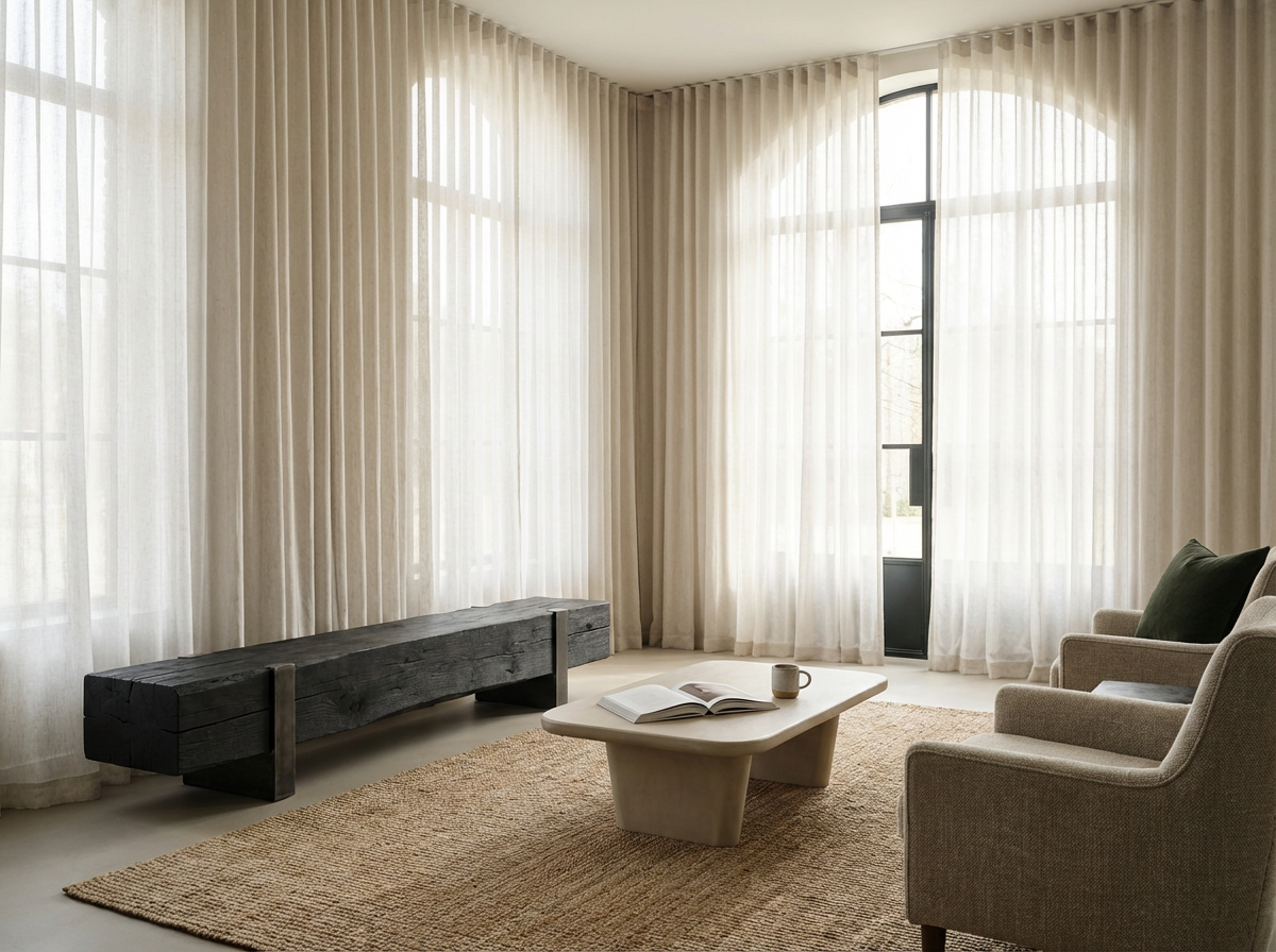 Living room with large windows, cream curtains, beige armchair, black wooden bench, beige coffee table with an open book and mug, beige rug.